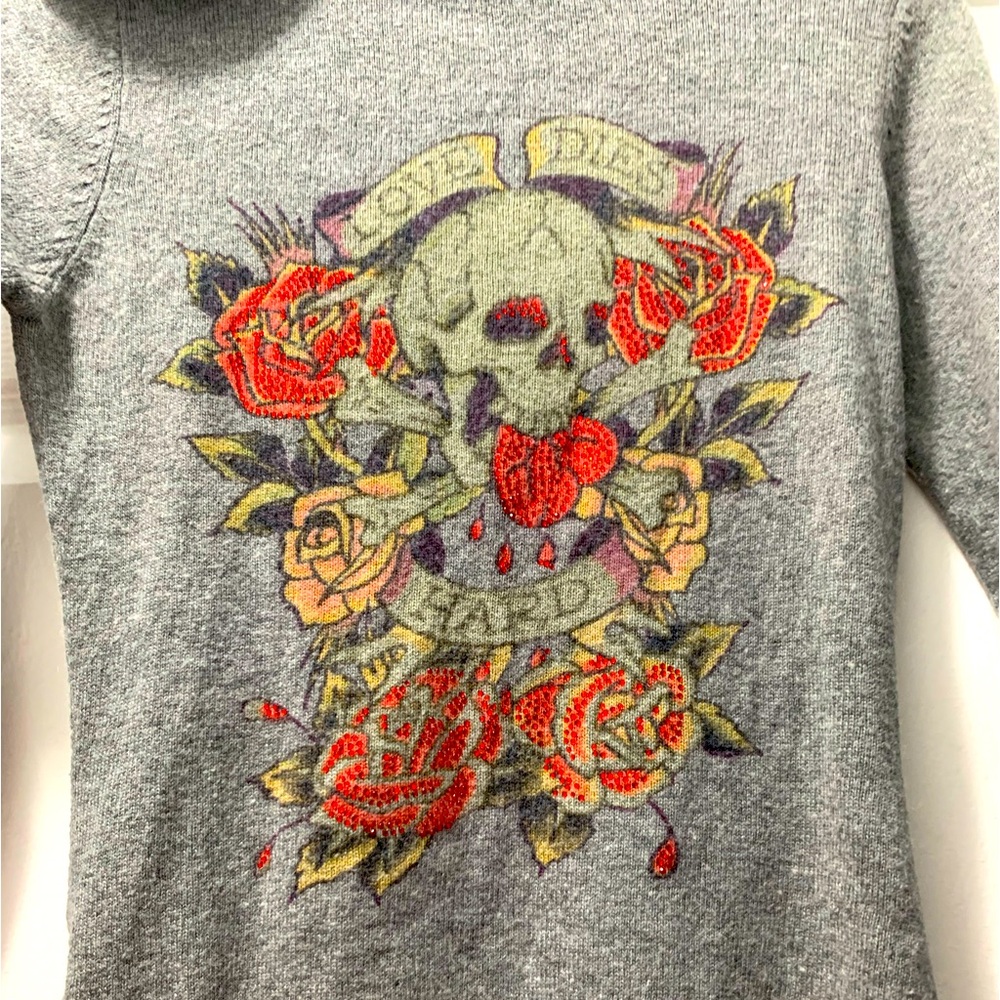 Ed Hardy Grey Skull Roses Zipper Hoodie XS